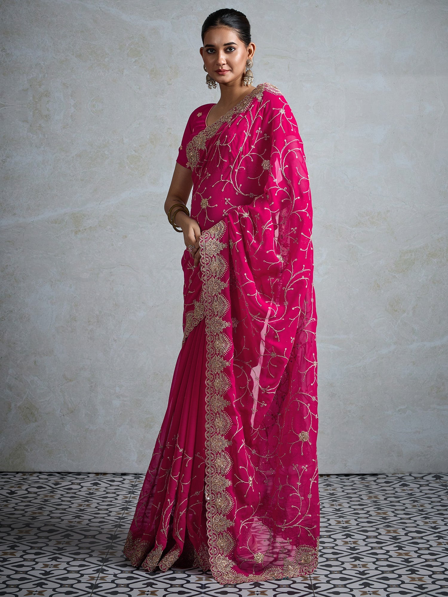 Pink Embroidered Gerogette Saree - Ressa