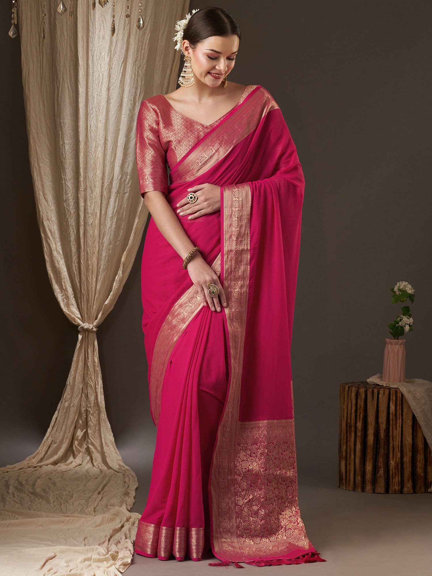 Pink Floral Georgette Saree - Ressa