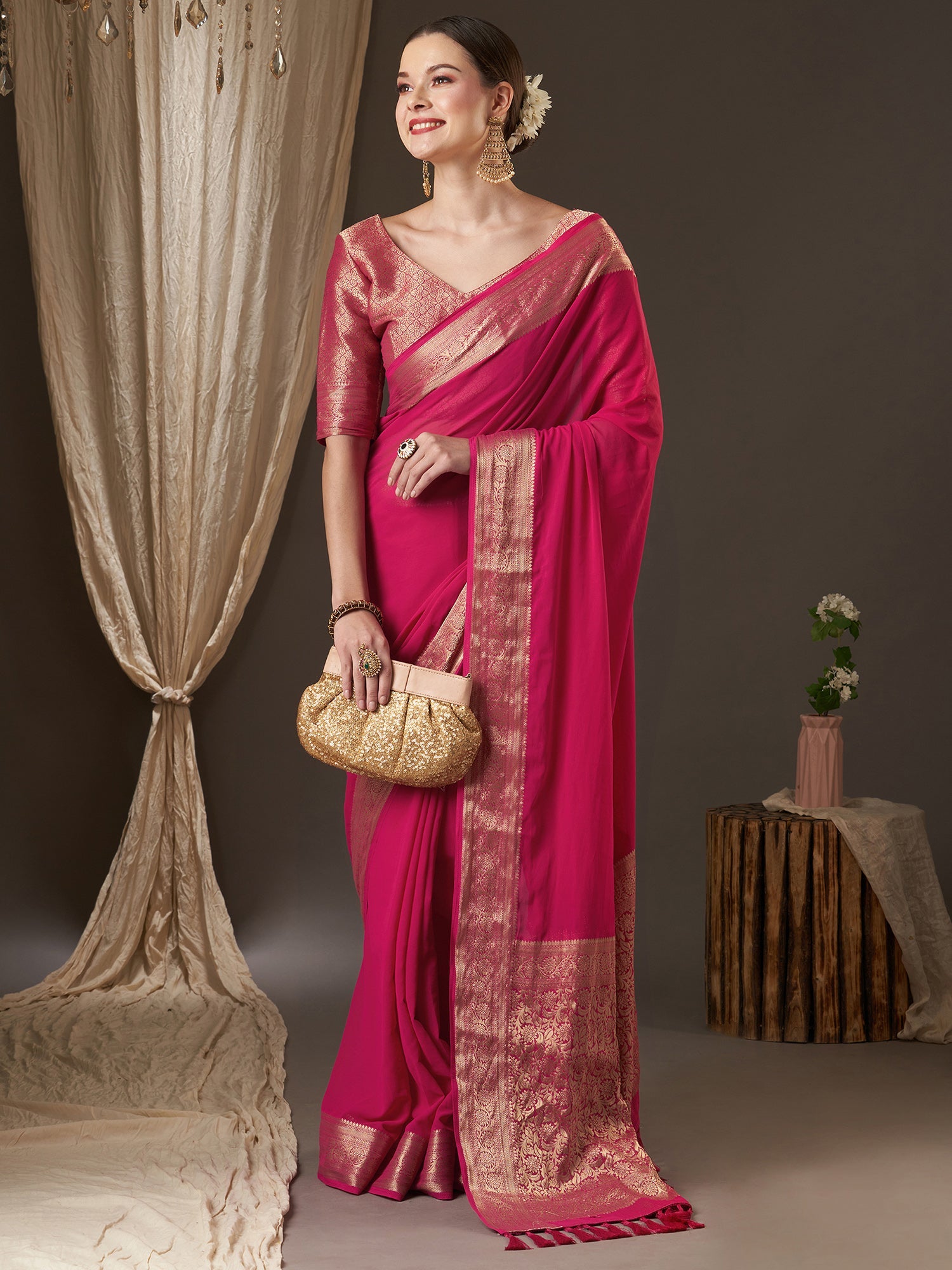 Pink Floral Georgette Saree - Ressa