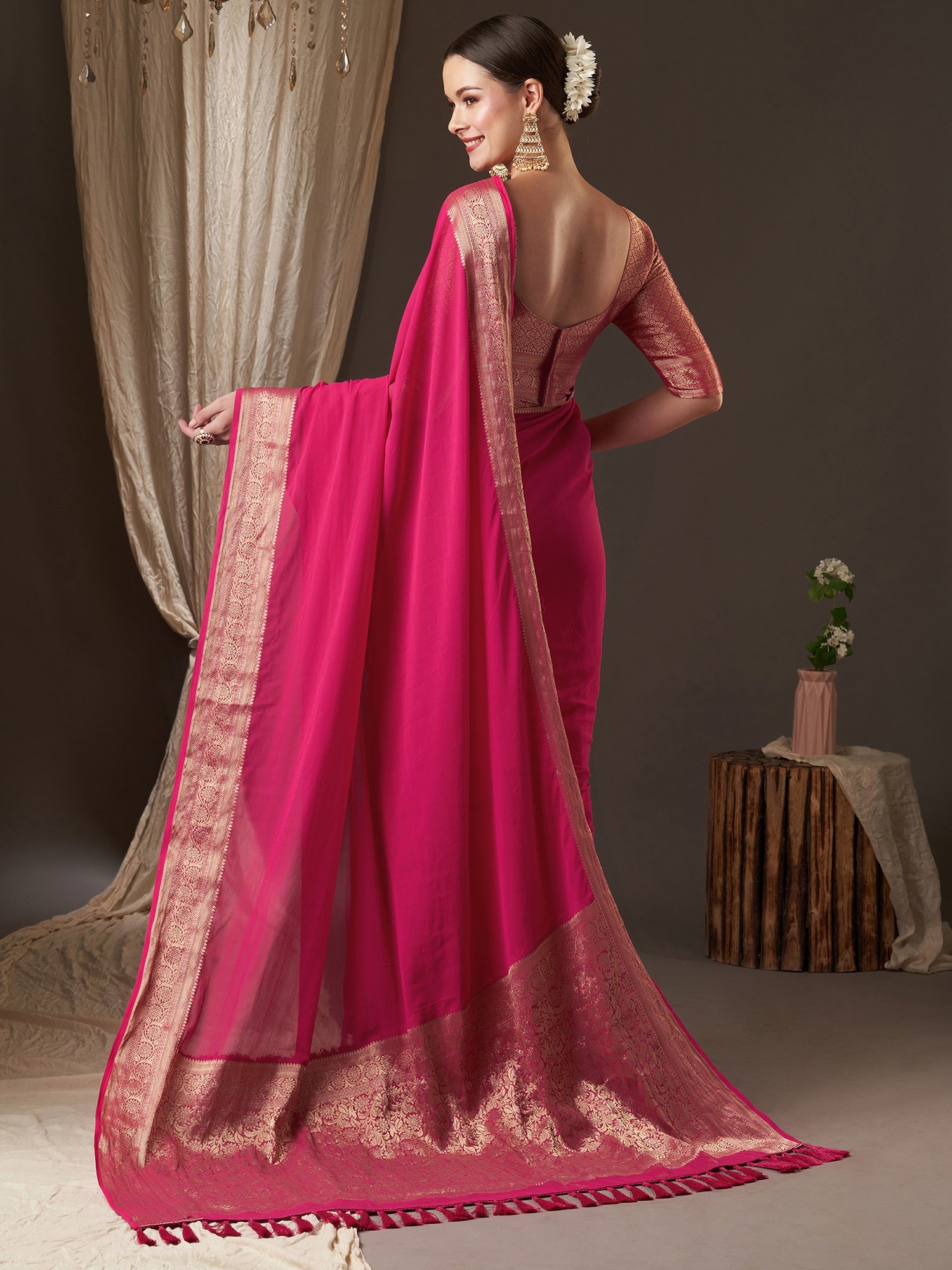 Pink Floral Georgette Saree - Ressa