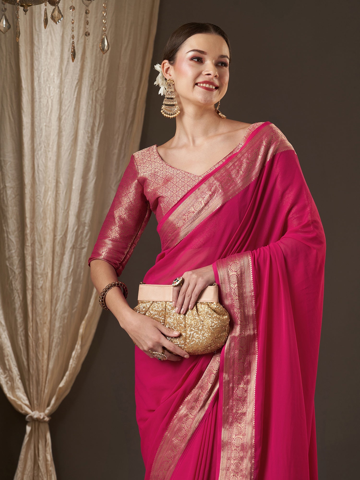 Pink Floral Georgette Saree - Ressa