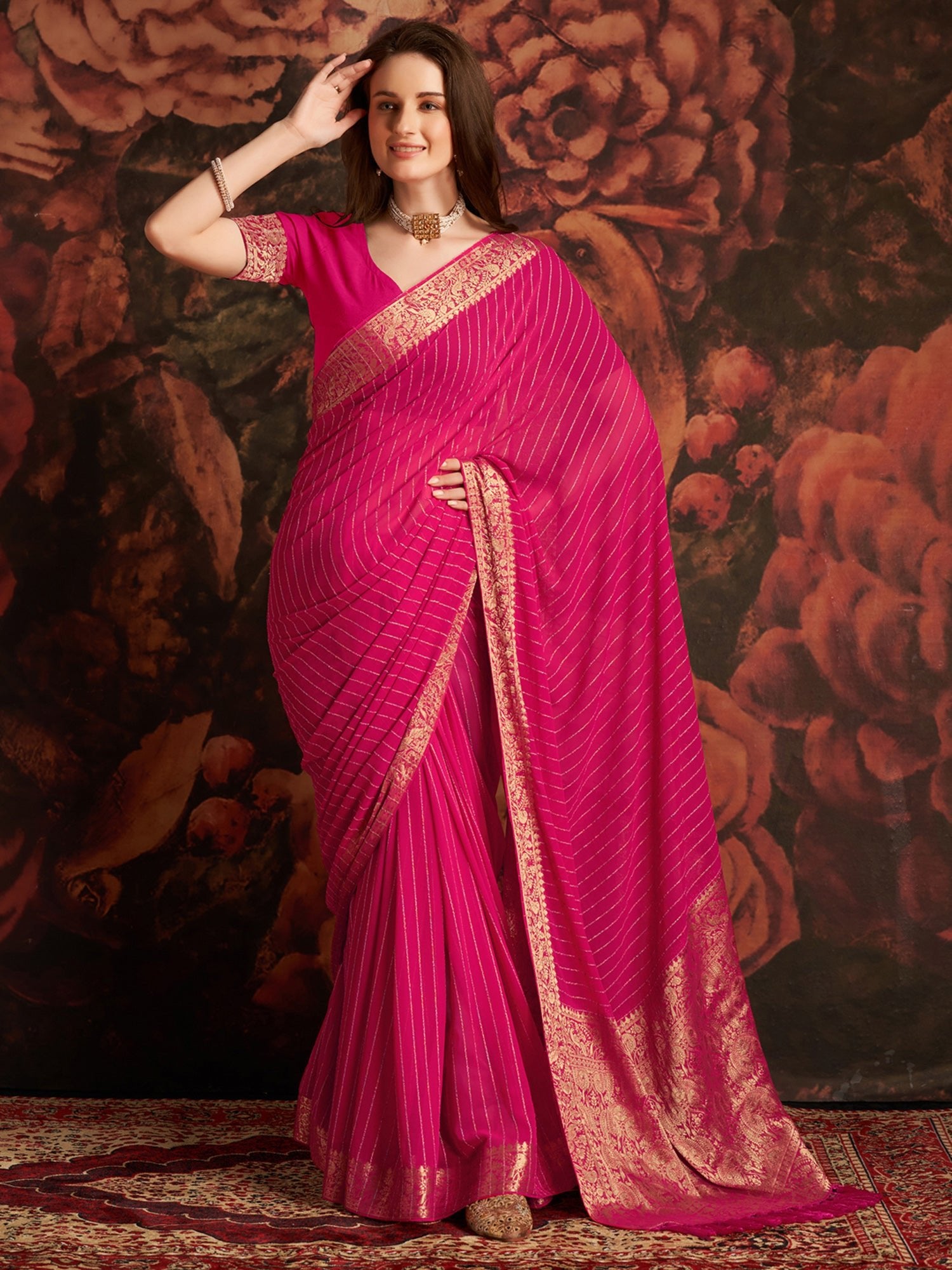 Pink Floral Georgette Saree - Ressa