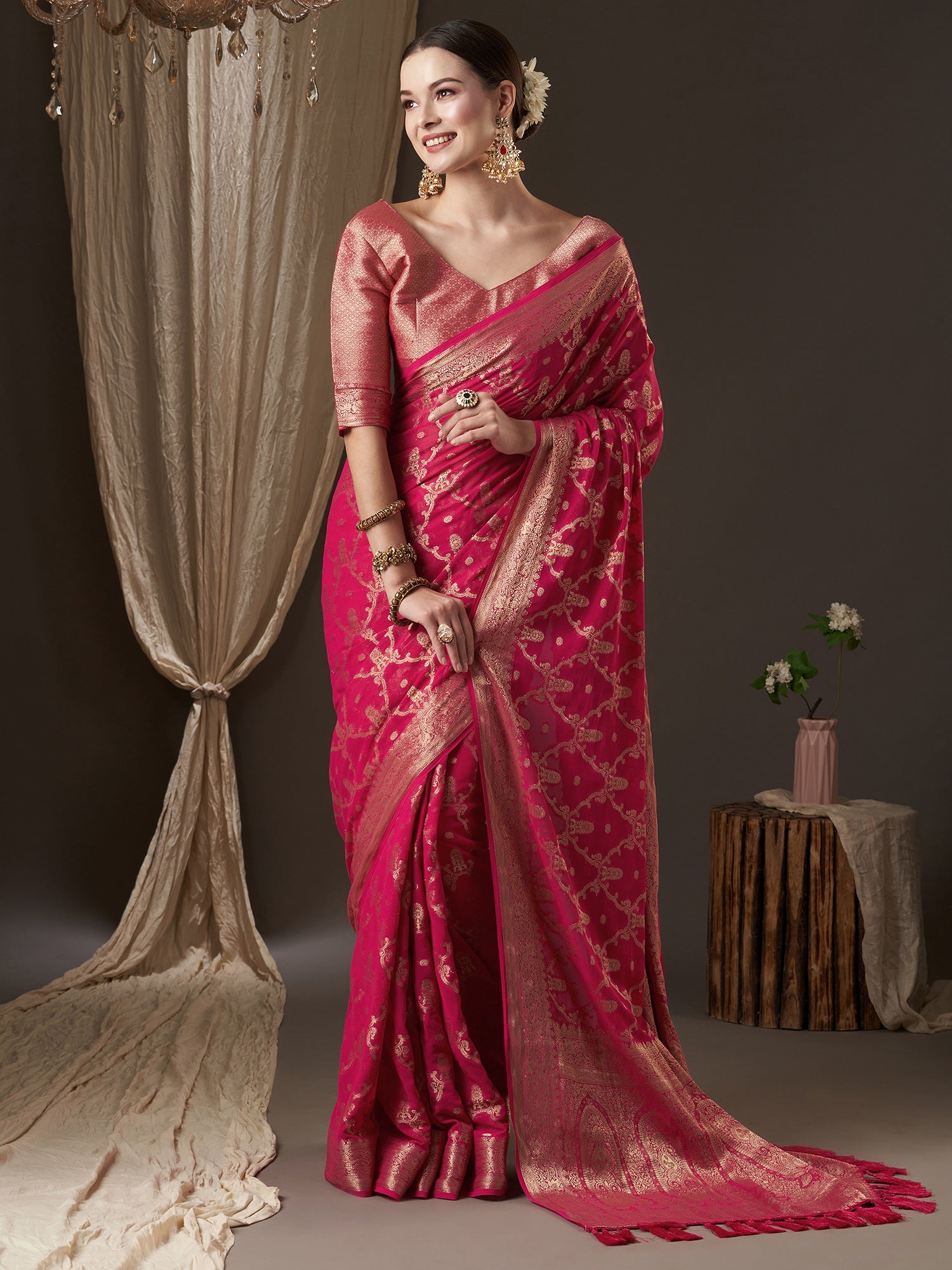Pink Floral Georgette Saree with Jari Border - Ressa