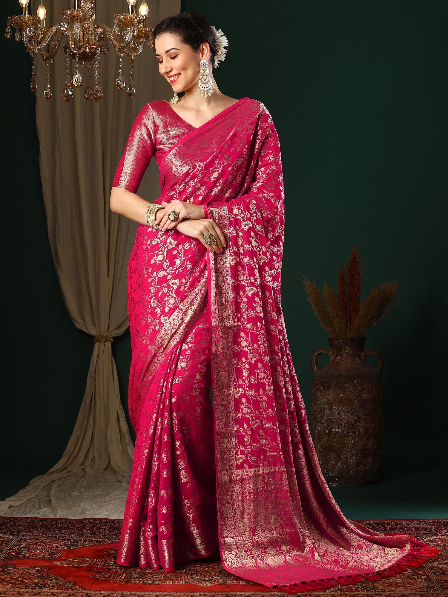 Pink Floral Georgette Saree with Jari Border - Ressa