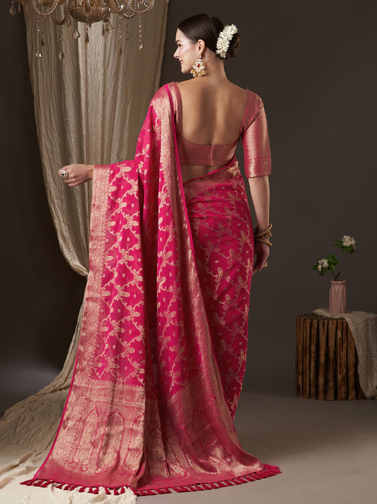 Pink Floral Georgette Saree with Jari Border - Ressa