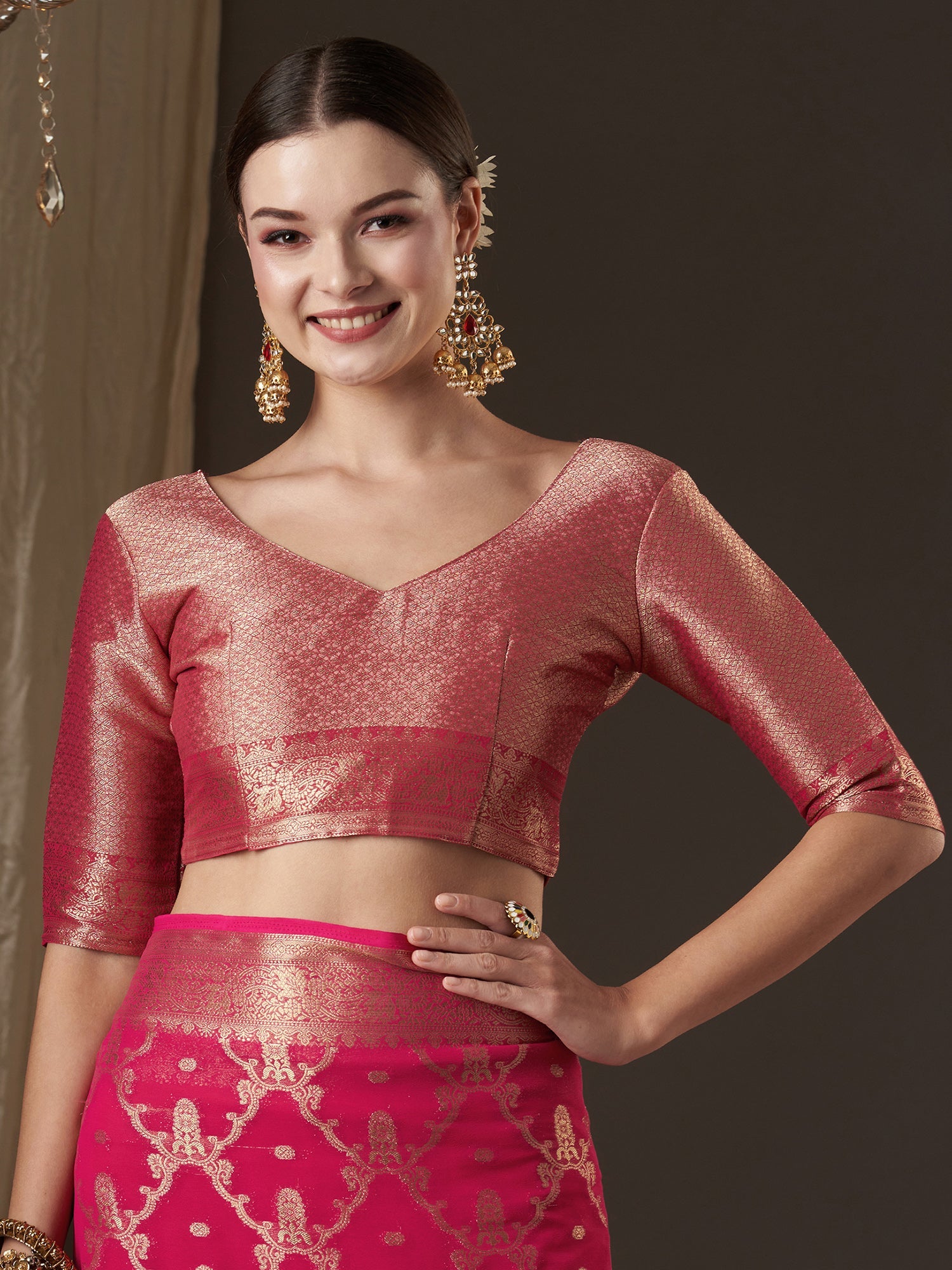 Pink Floral Georgette Saree with Jari Border - Ressa