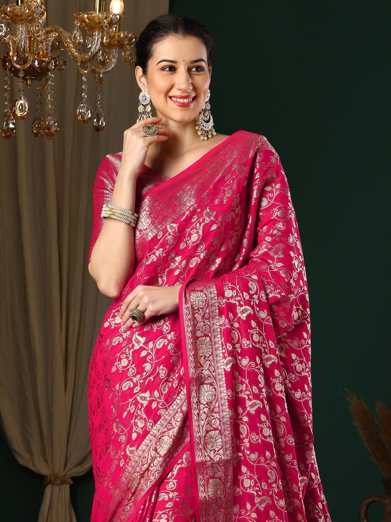 Pink Floral Georgette Saree with Jari Border - Ressa