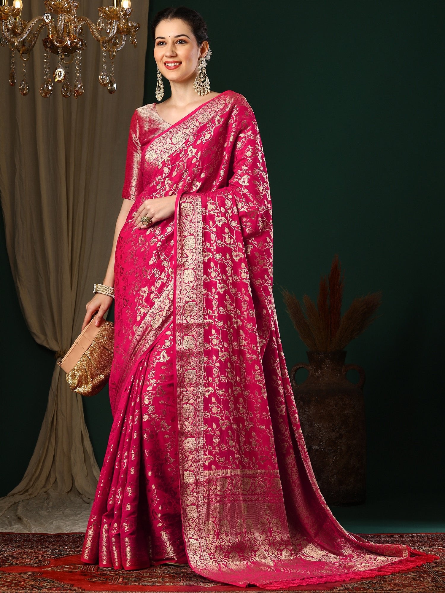 Pink Floral Georgette Saree with Jari Border - Ressa