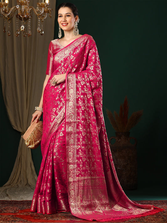 Pink Floral Georgette Saree with Jari Border - Ressa