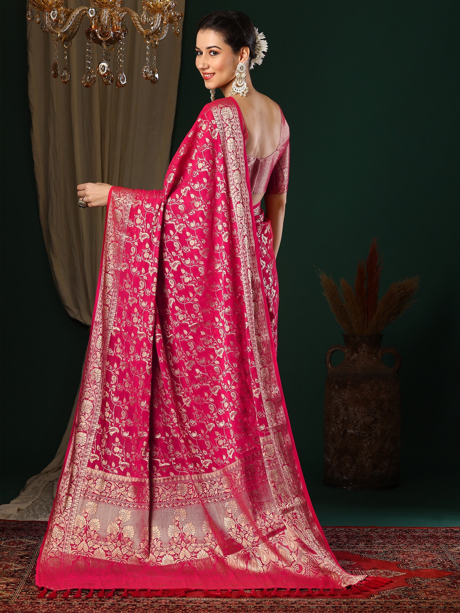 Pink Floral Georgette Saree with Jari Border - Ressa