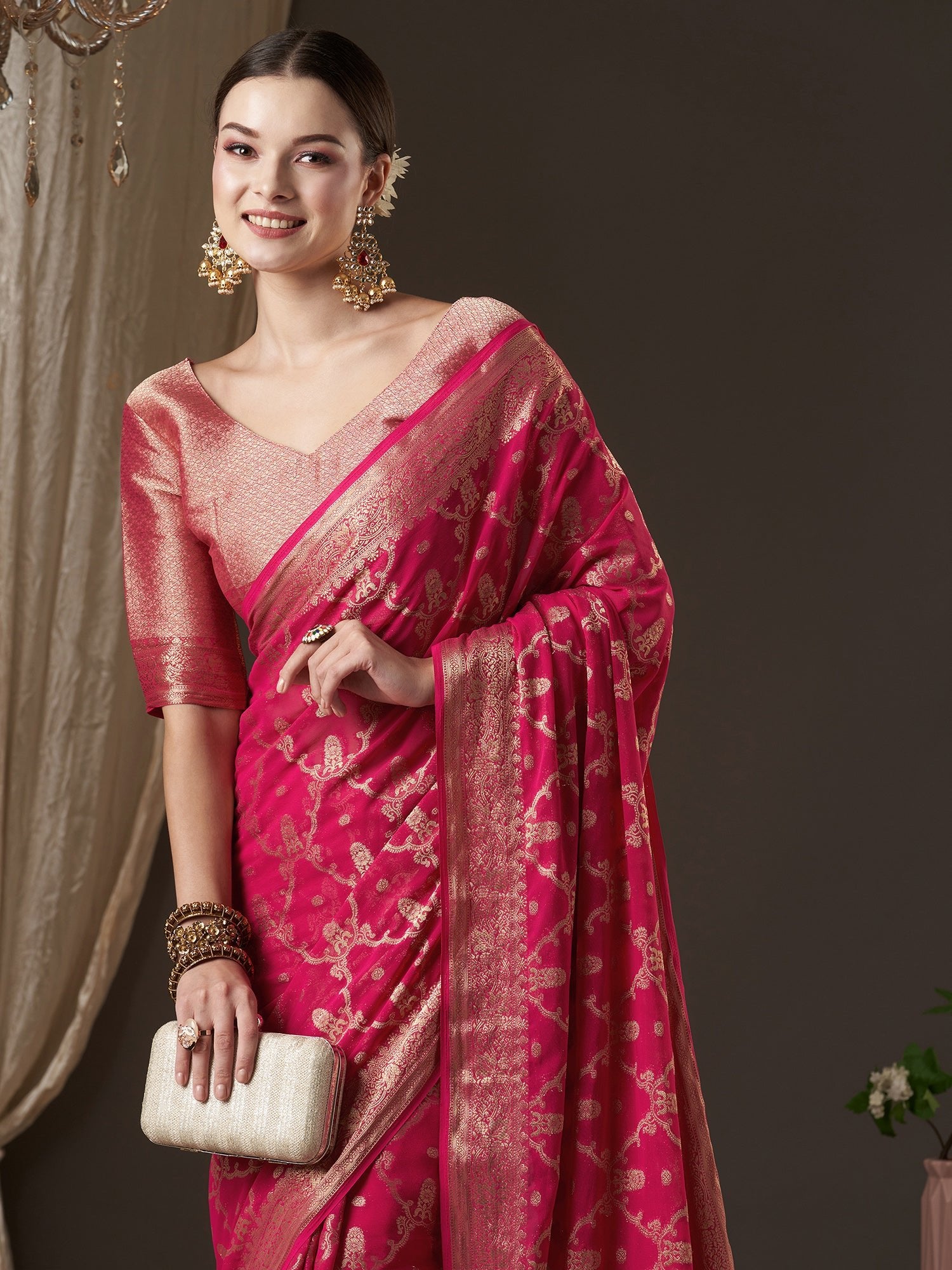 Pink Floral Georgette Saree with Jari Border - Ressa