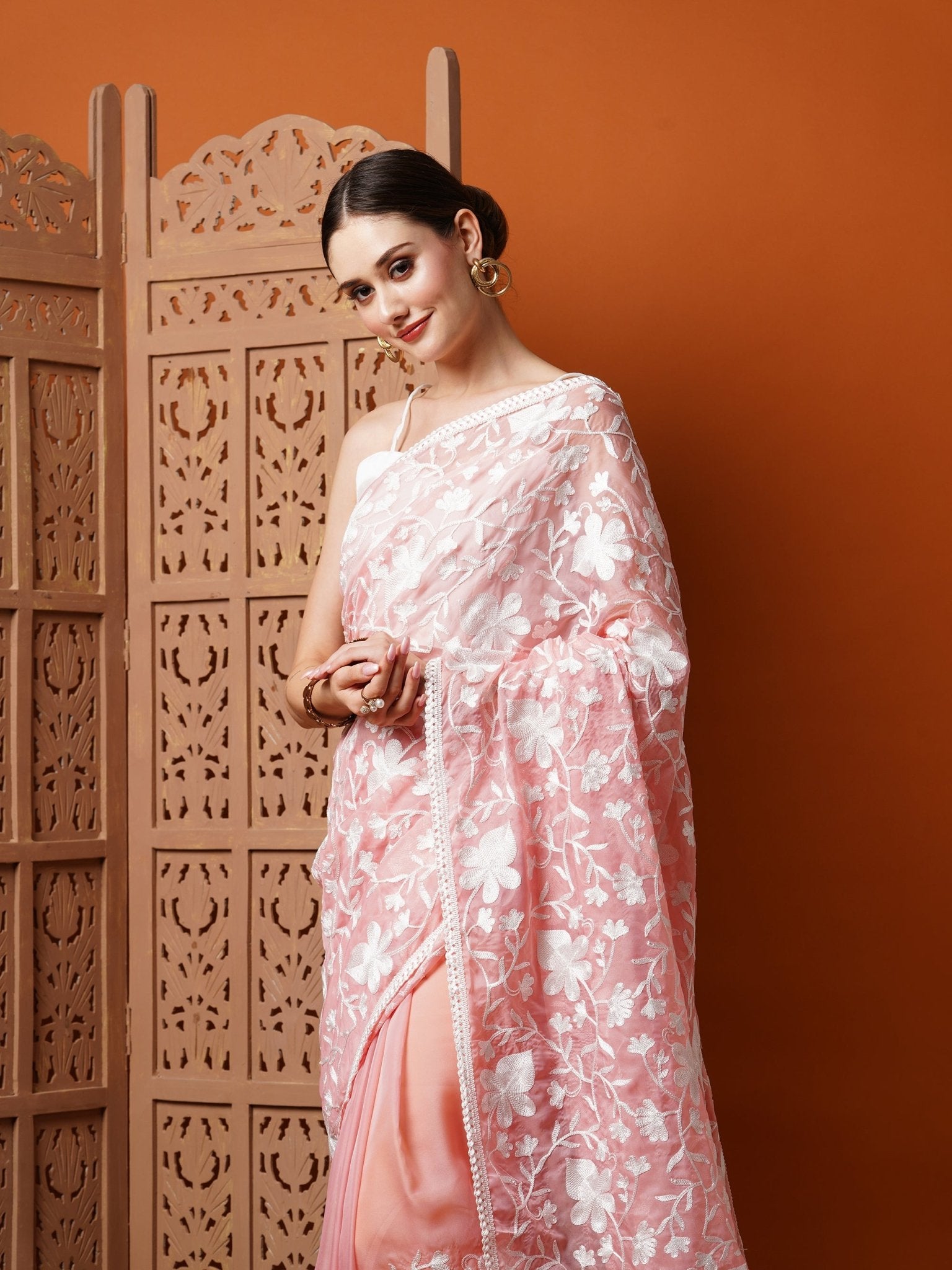 Pink Floral Organza Saree with White Thread Embroidery - Ressa
