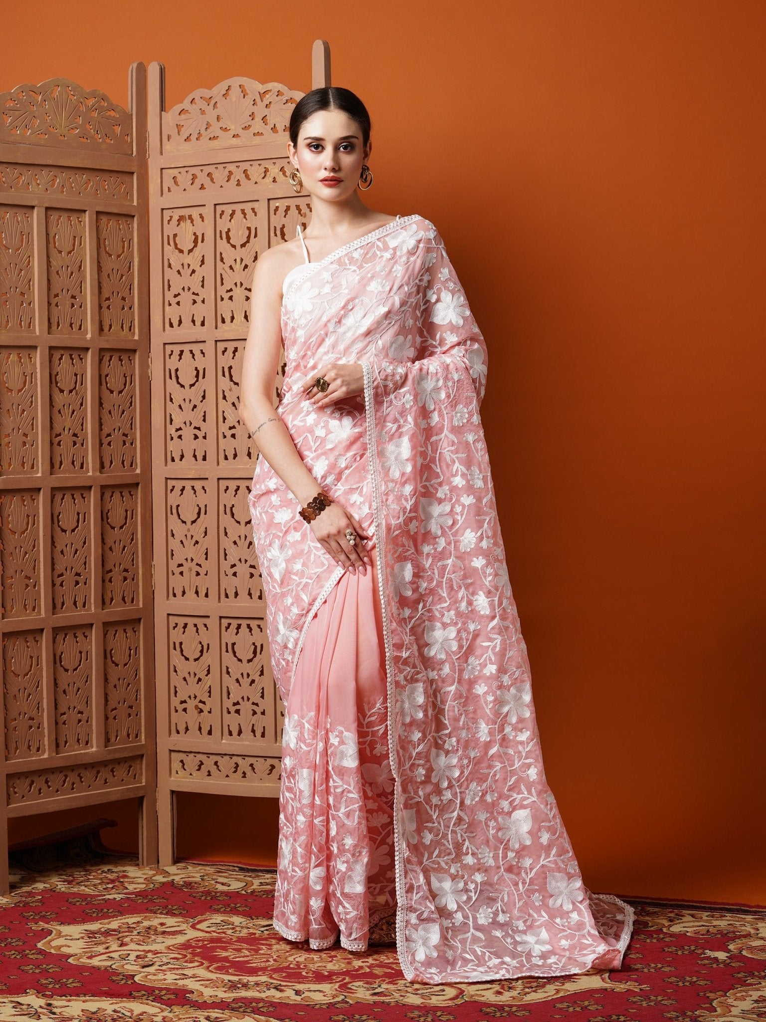 Pink Floral Organza Saree with White Thread Embroidery - Ressa