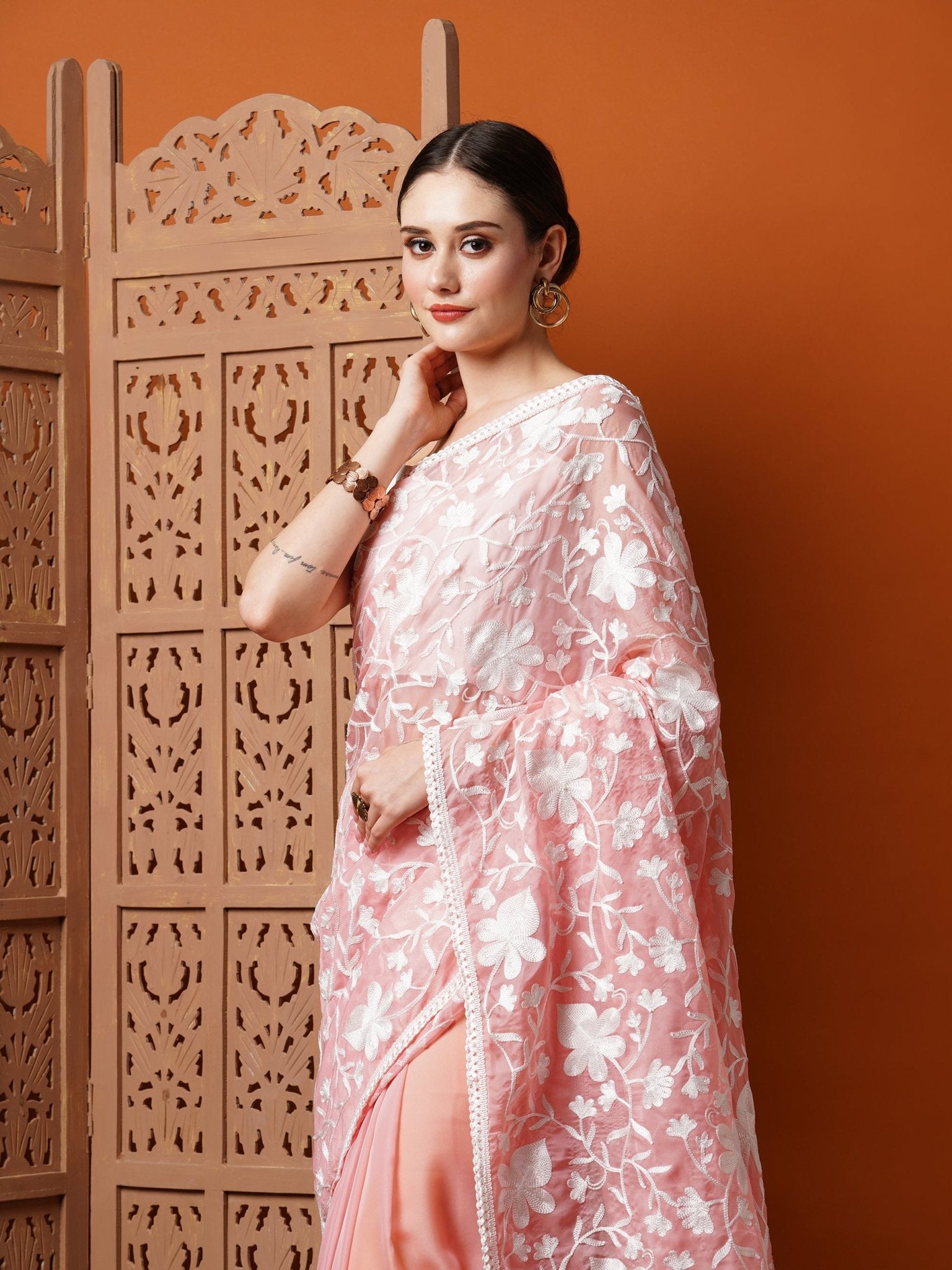 Pink Floral Organza Saree with White Thread Embroidery - Ressa