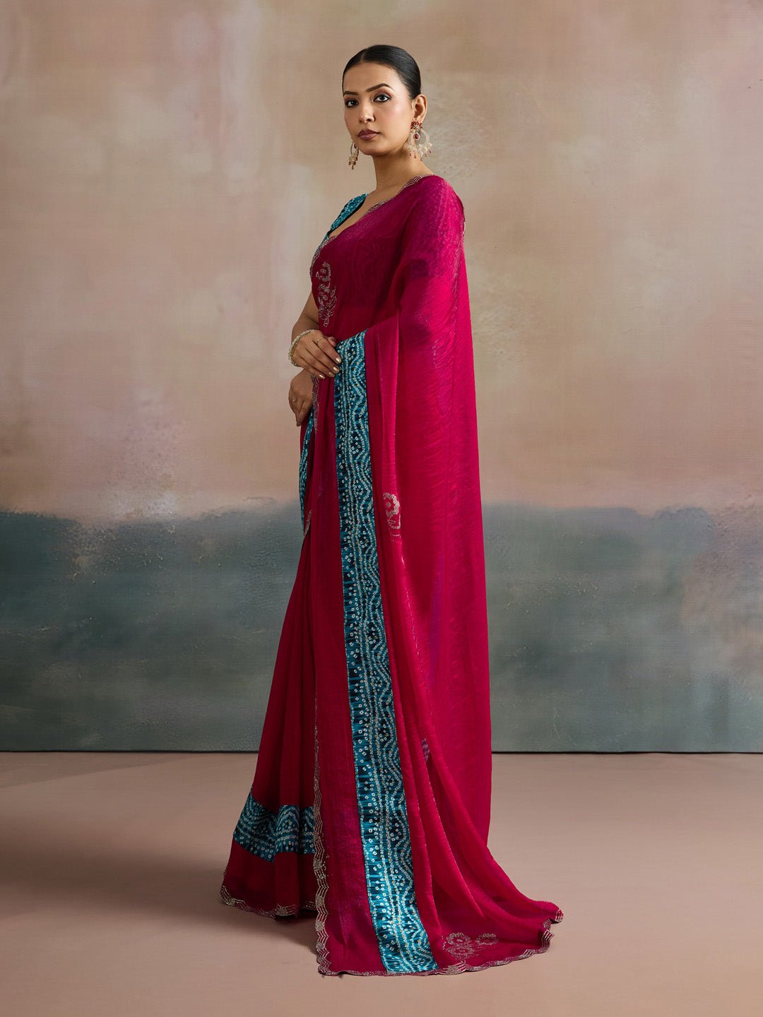 Pink Georgette Bandhani Border Saree - Ressa
