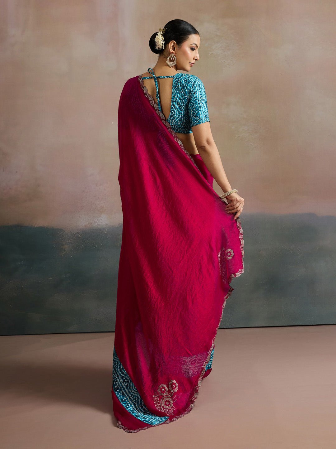 Pink Georgette Bandhani Border Saree - Ressa