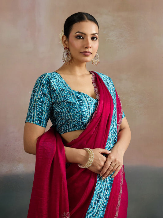 Pink Georgette Bandhani Border Saree - Ressa