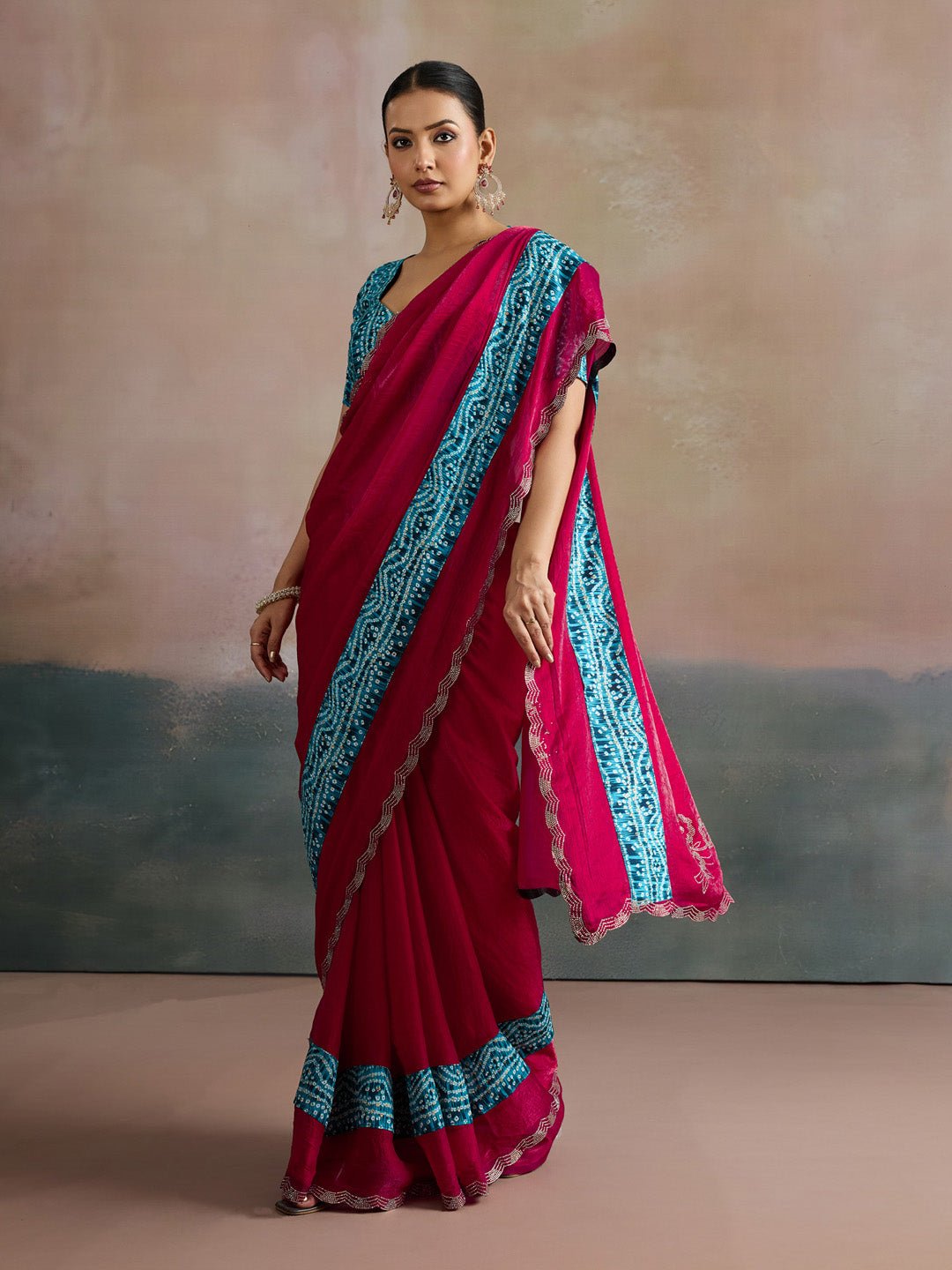 Pink Georgette Bandhani Border Saree - Ressa