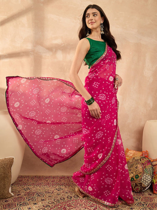 Pink Georgette Bandhni Printed Saree - Ressa