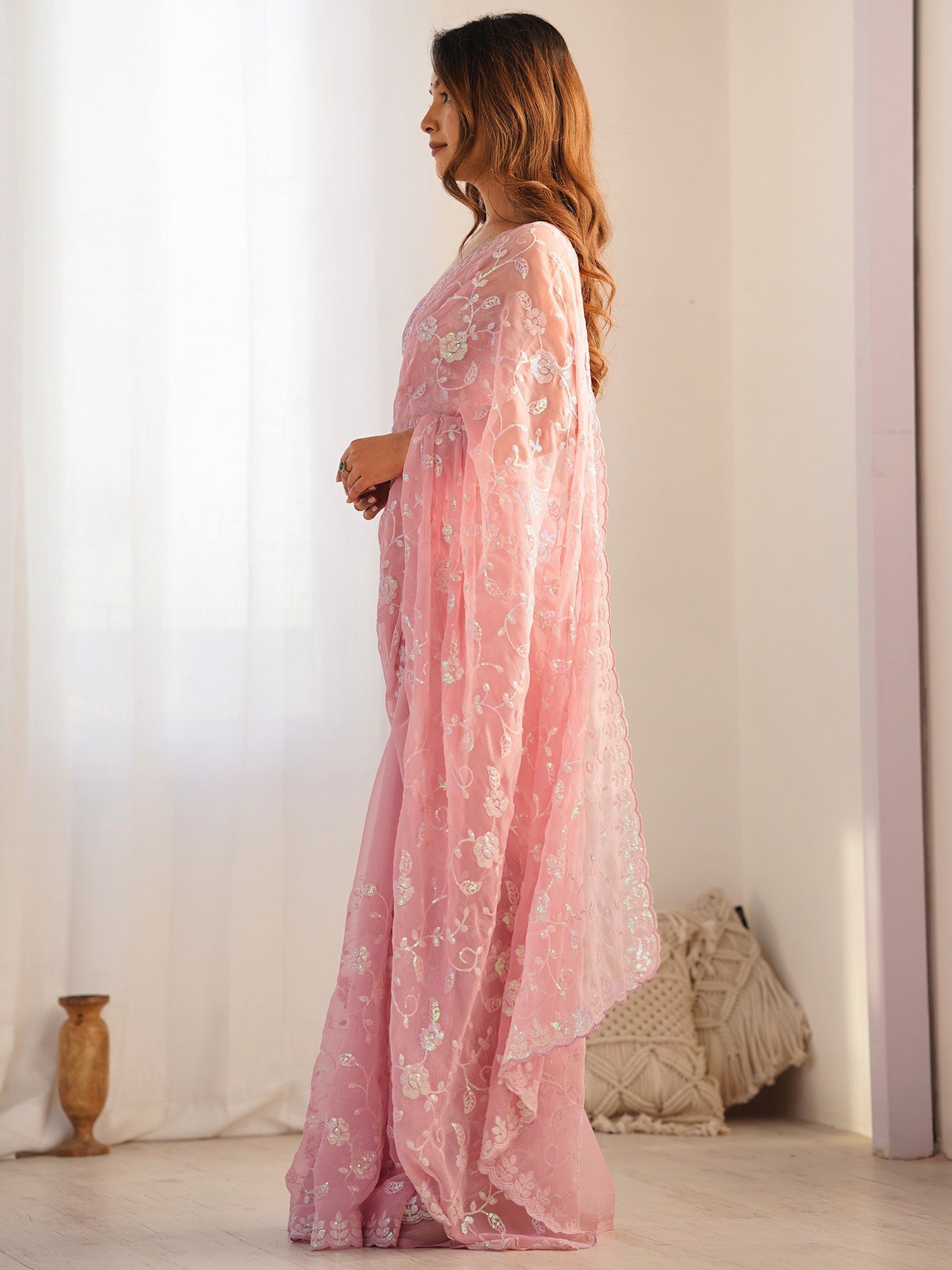 Pink Georgette Chikankari Saree - Ressa