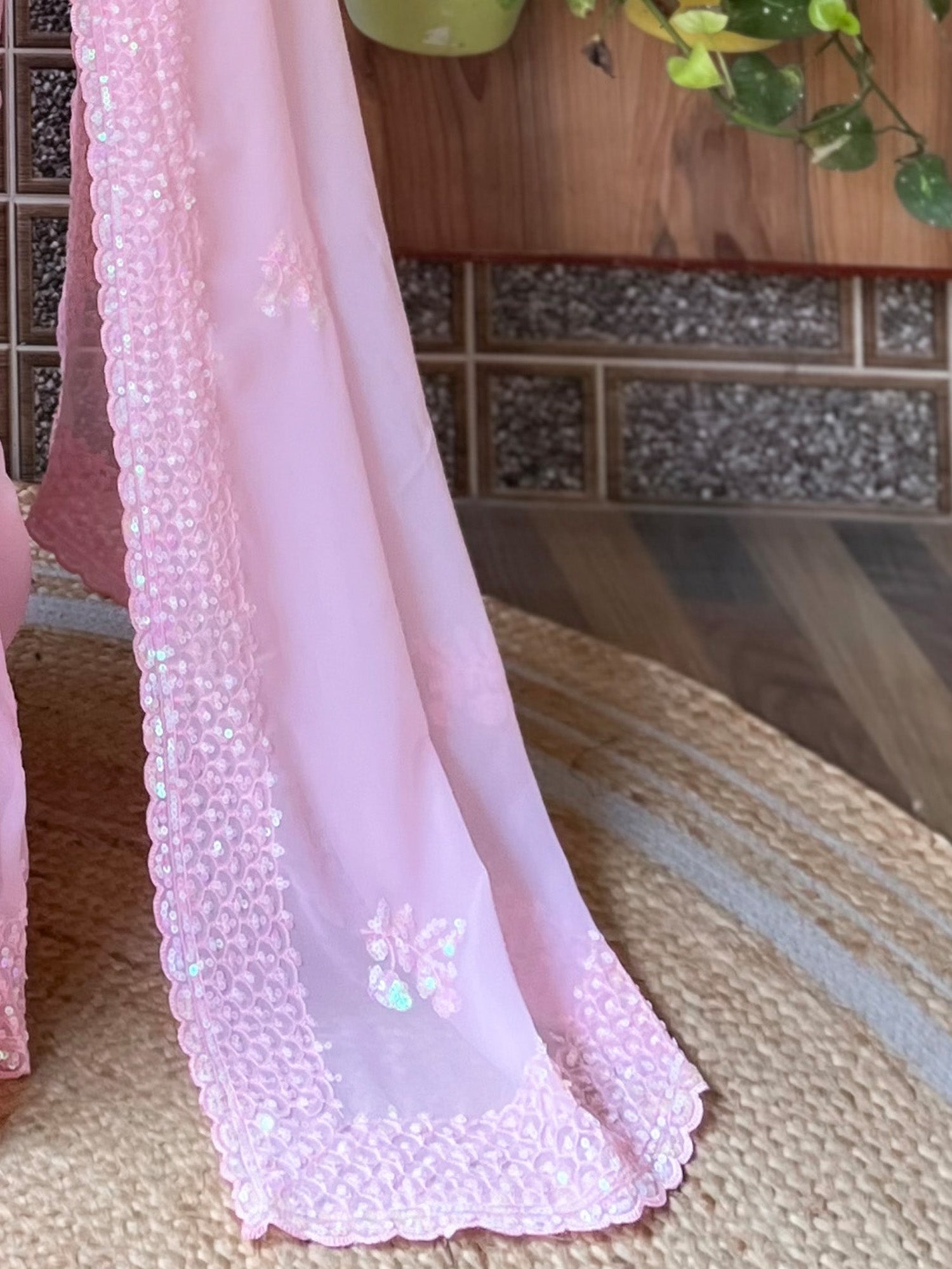 Pink Georgette Embroidery Sequin Work Saree - Ressa