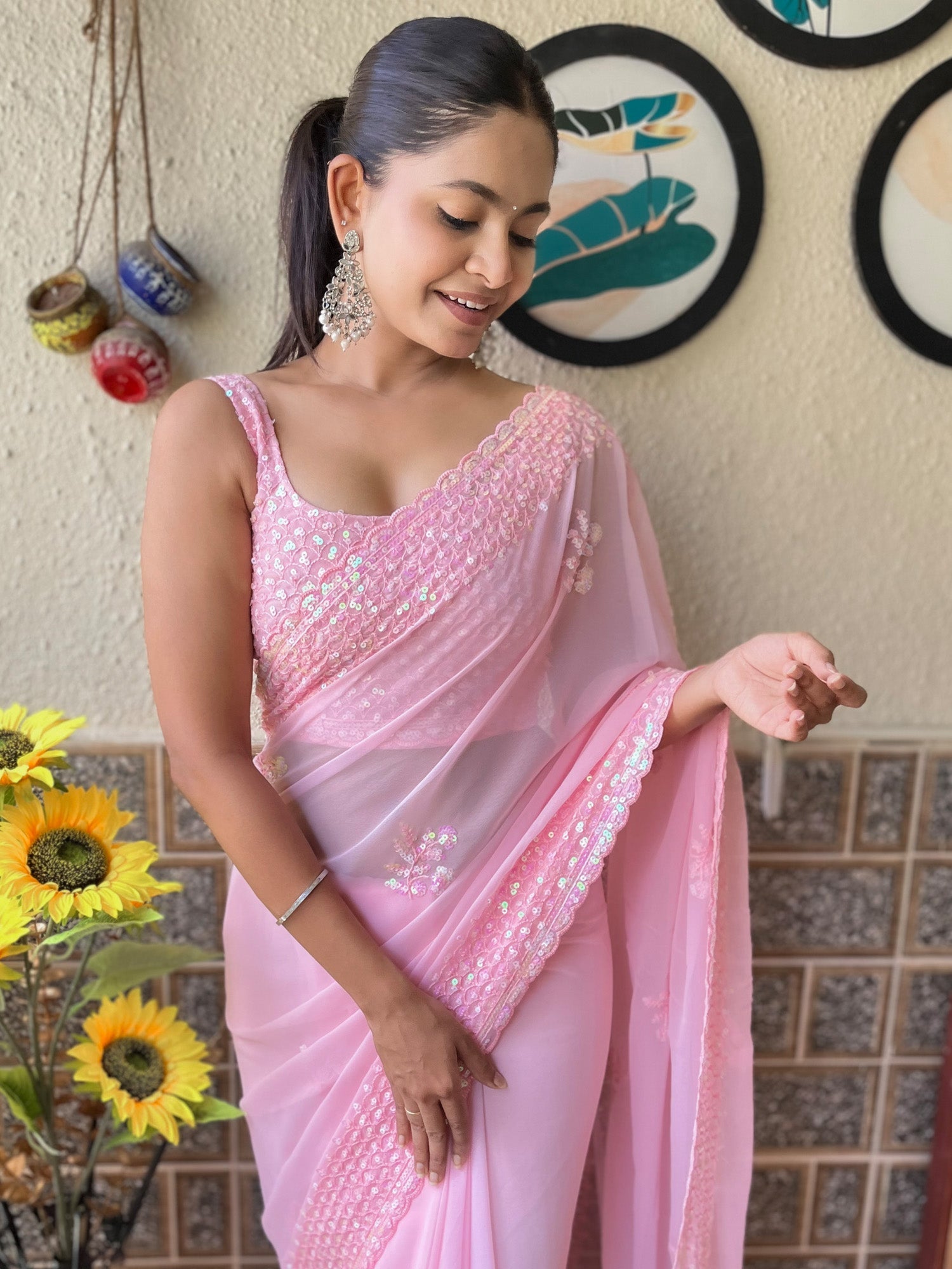 Pink Georgette Embroidery Sequin Work Saree - Ressa