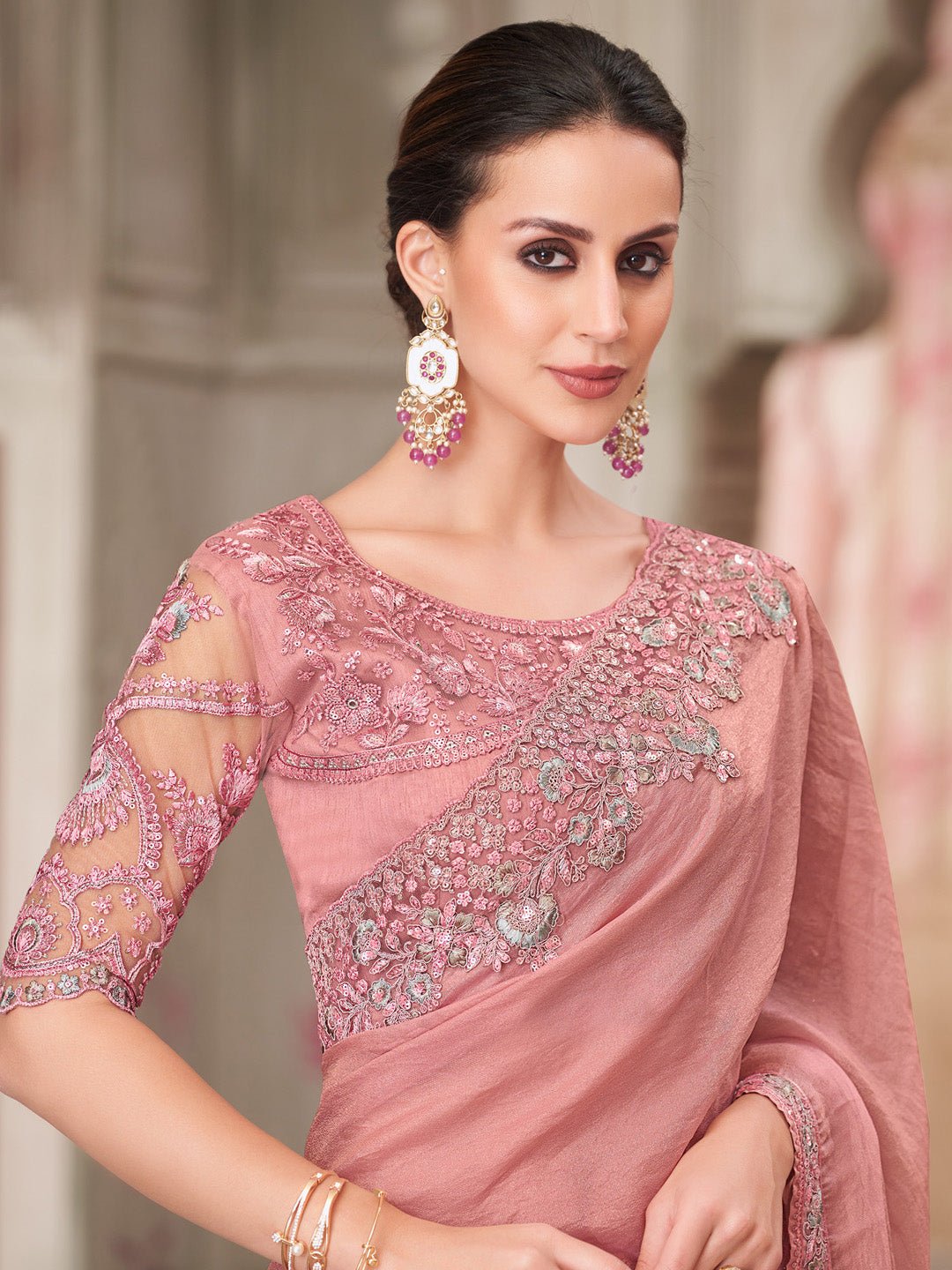 Pink Georgette Heavy Sequin Border Designer Embroidered Blouse Saree - Ressa