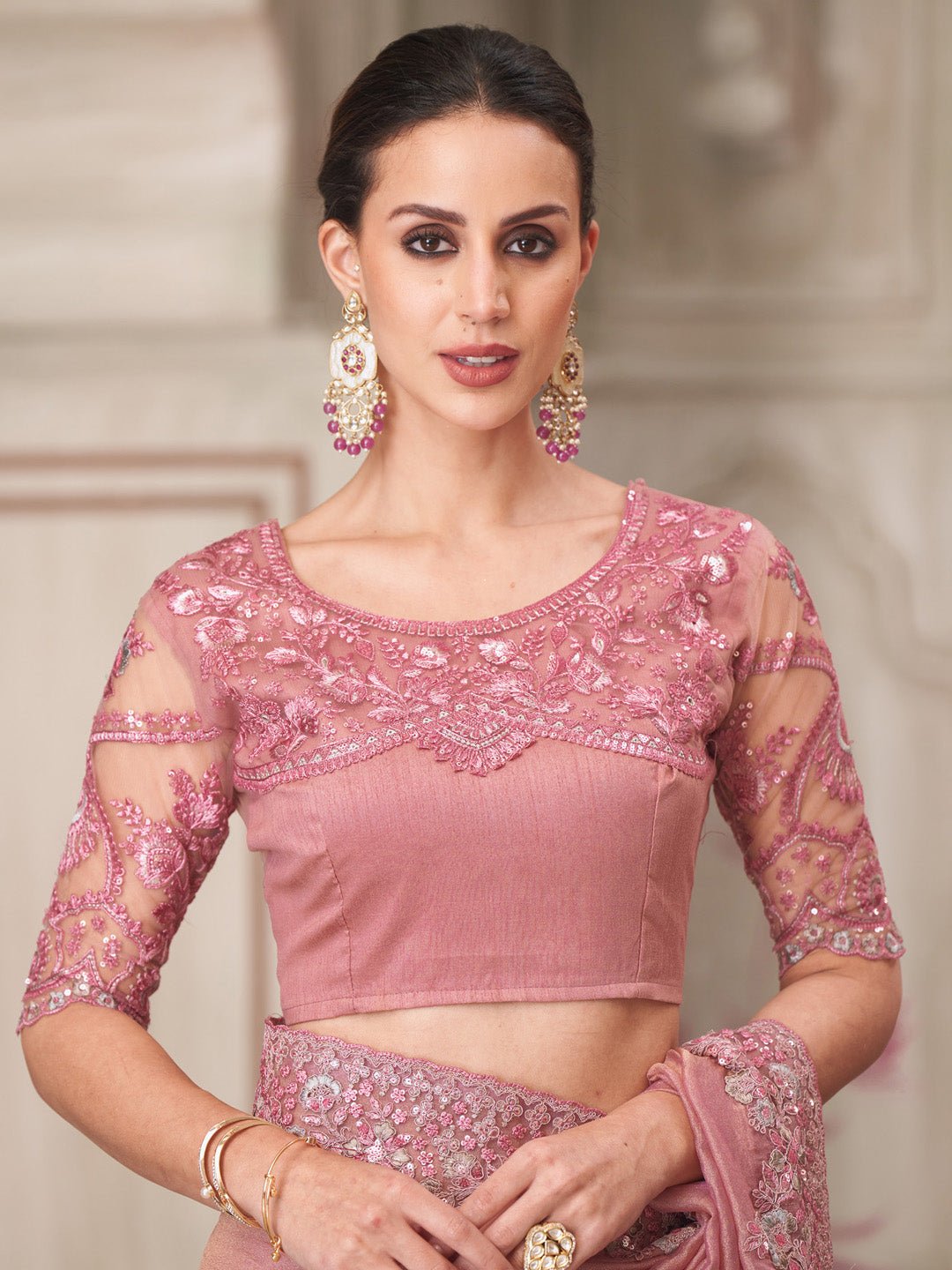 Pink Georgette Heavy Sequin Border Designer Embroidered Blouse Saree - Ressa