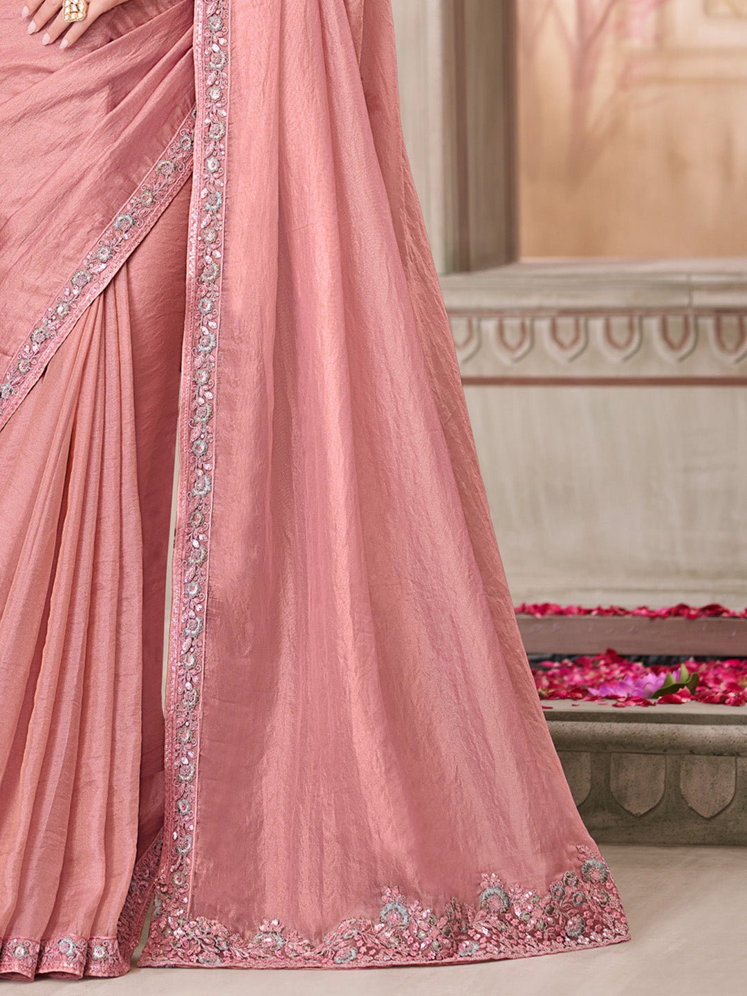 Pink Georgette Heavy Sequin Border Designer Embroidered Blouse Saree - Ressa