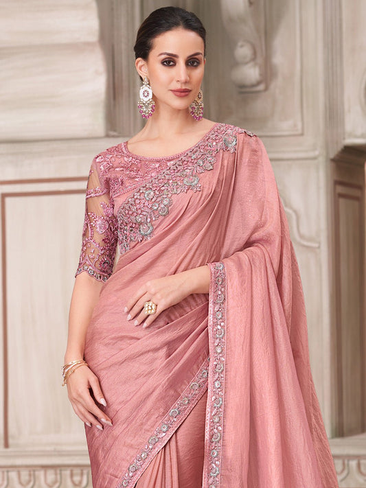 Pink Georgette Heavy Sequin Border Designer Embroidered Blouse Saree - Ressa