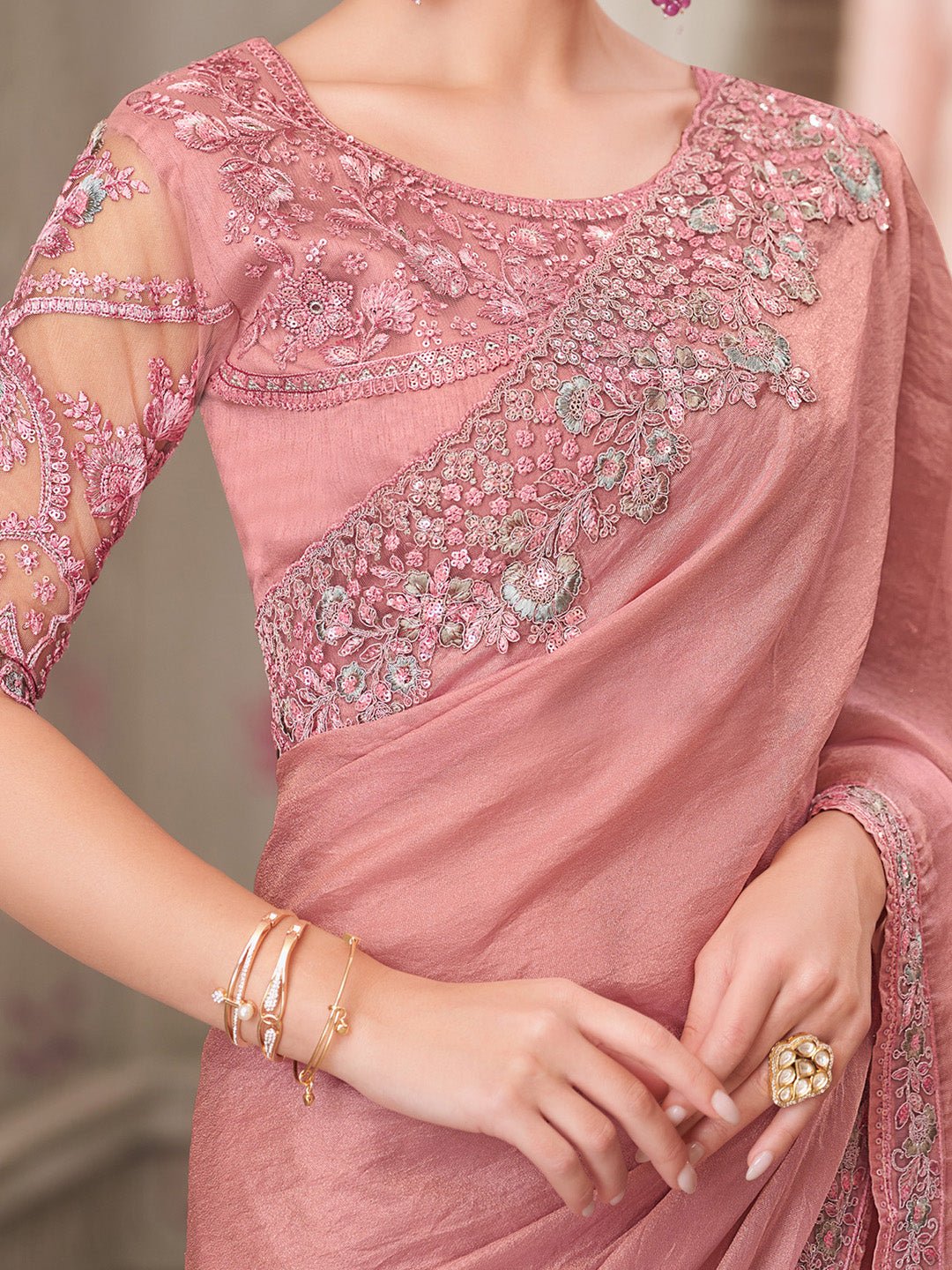 Pink Georgette Heavy Sequin Border Designer Embroidered Blouse Saree - Ressa