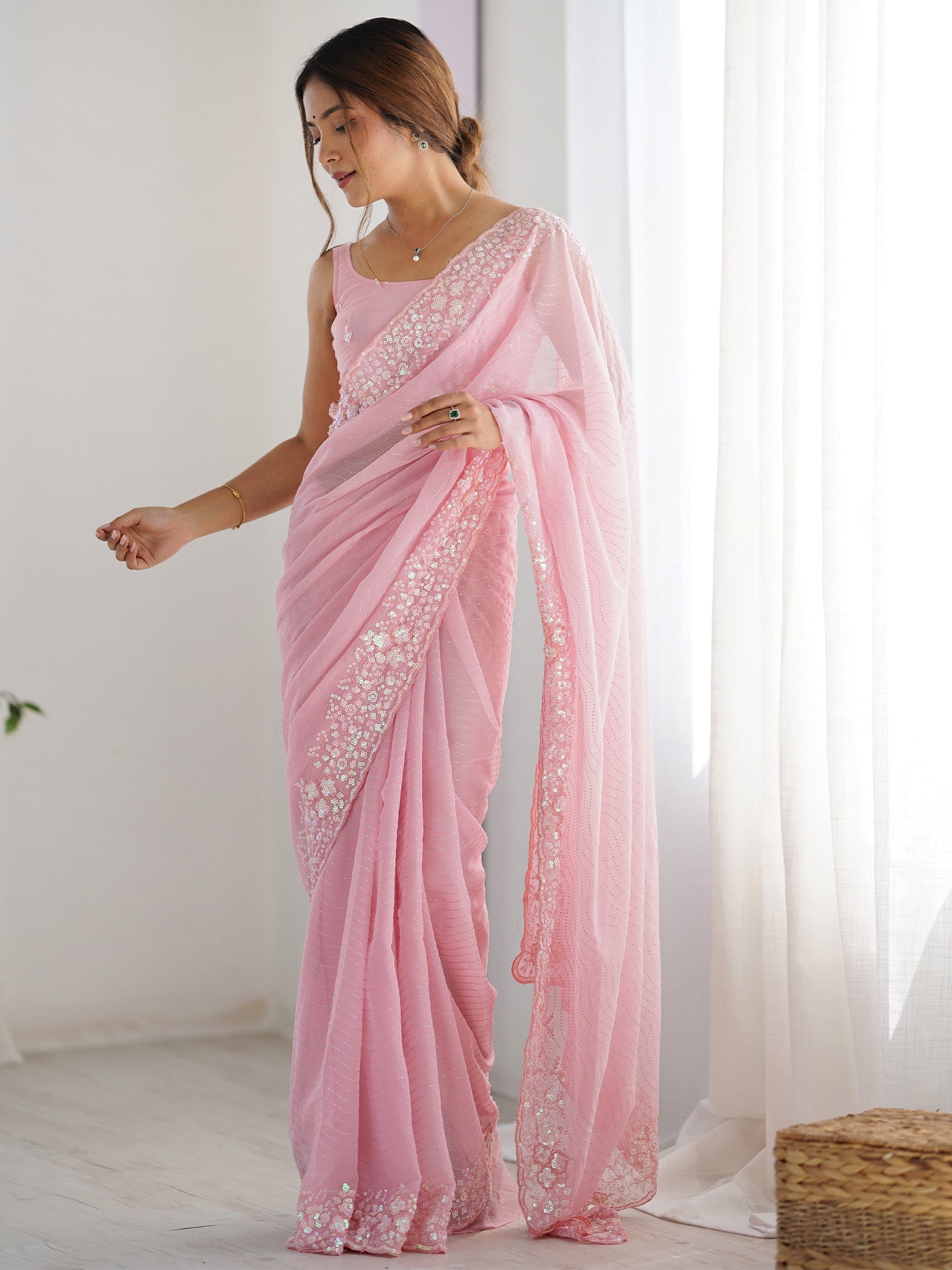 Pink Georgette Sequin Embroidered Saree - Ressa