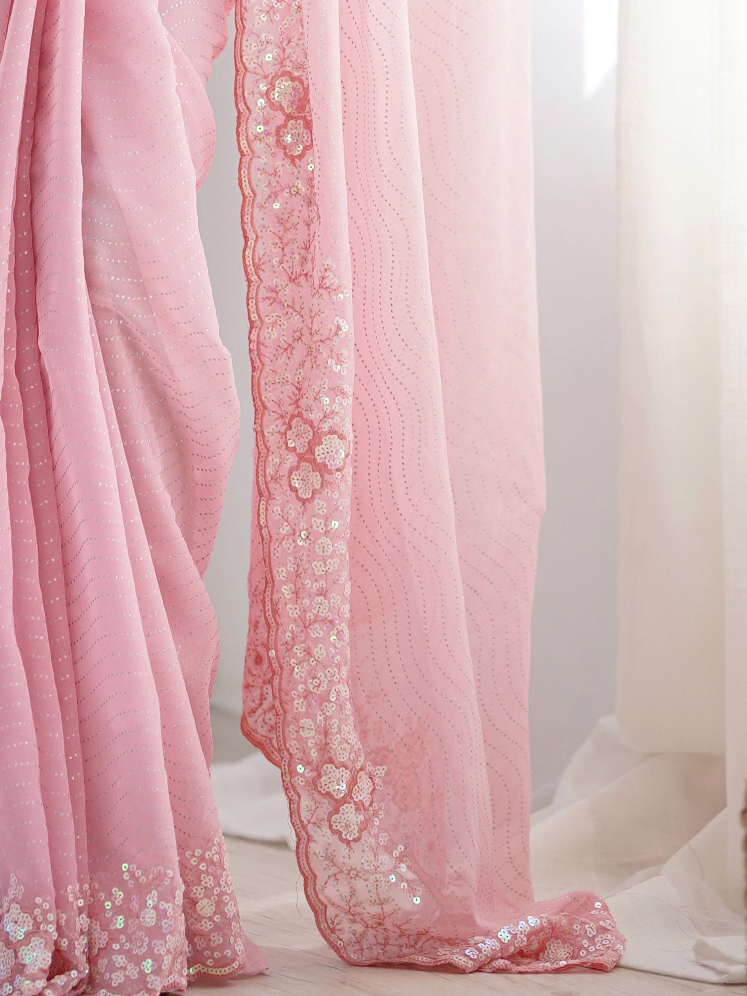 Pink Georgette Sequin Embroidered Saree - Ressa