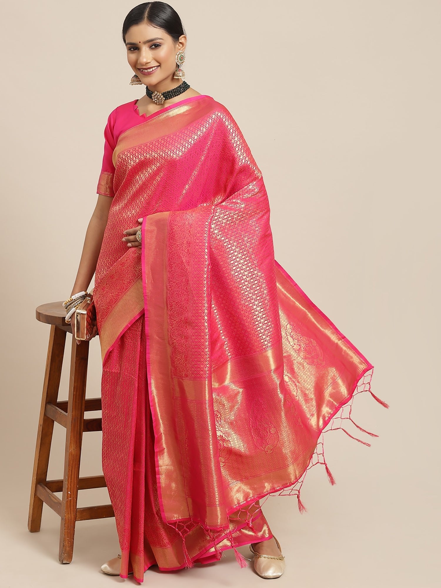 Pink Gold Jari Woven Banarasi Saree - Ressa