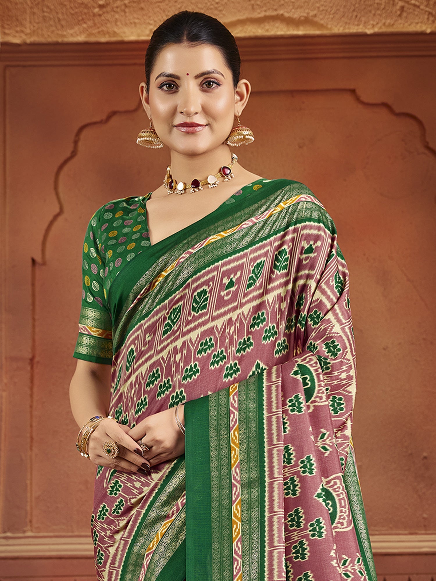Pink & Green Patola Silk Saree with Zari Border | - Ressa