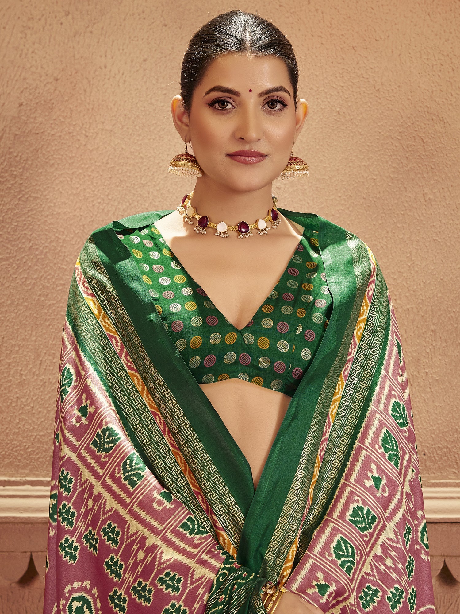 Pink & Green Patola Silk Saree with Zari Border | - Ressa