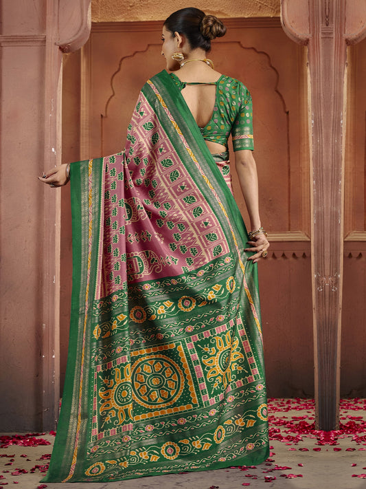 Pink & Green Patola Silk Saree with Zari Border | - Ressa