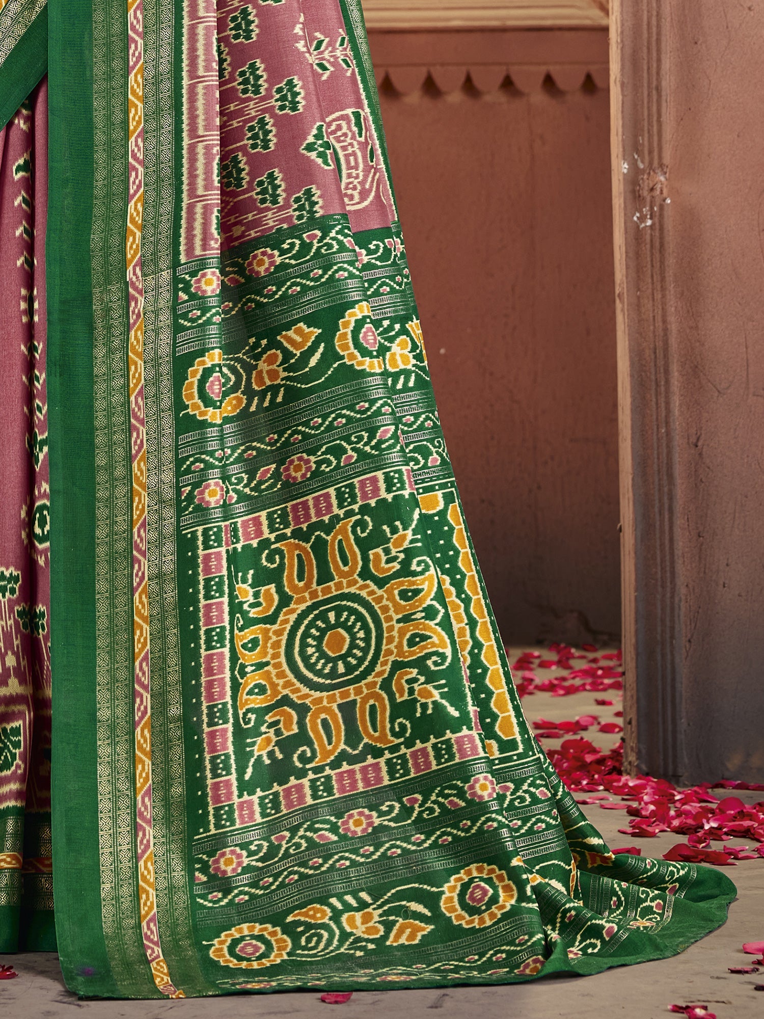 Pink & Green Patola Silk Saree with Zari Border | - Ressa