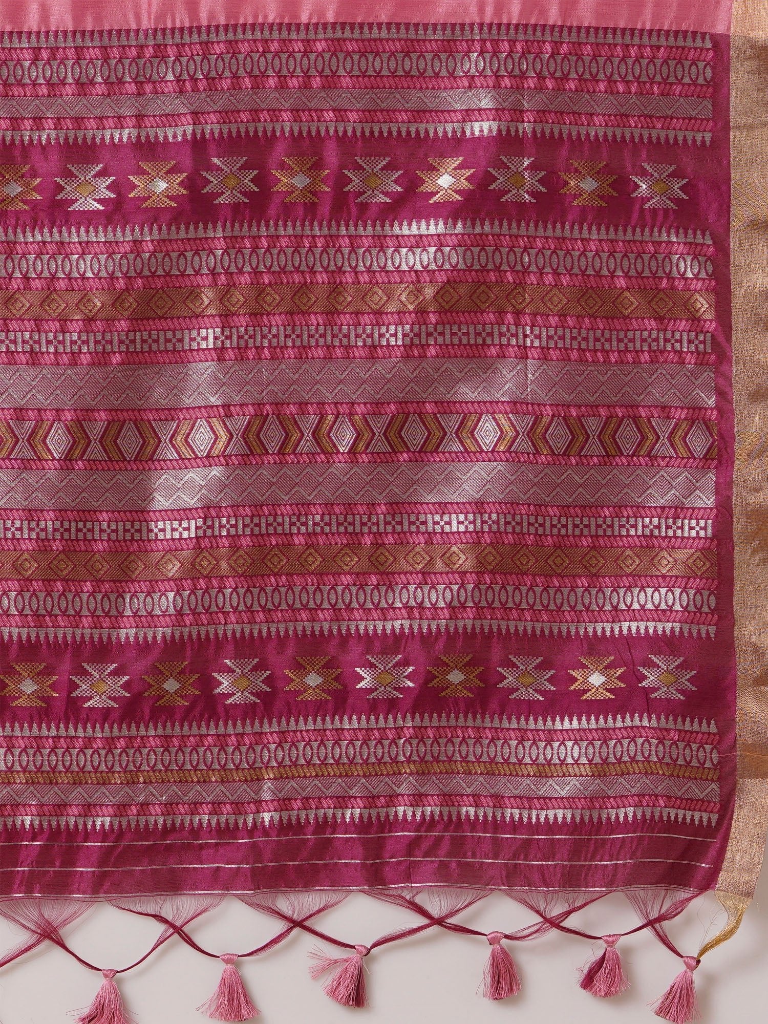 Pink Handwoven Silk Saree with Tribal Woven Pallu - Ressa
