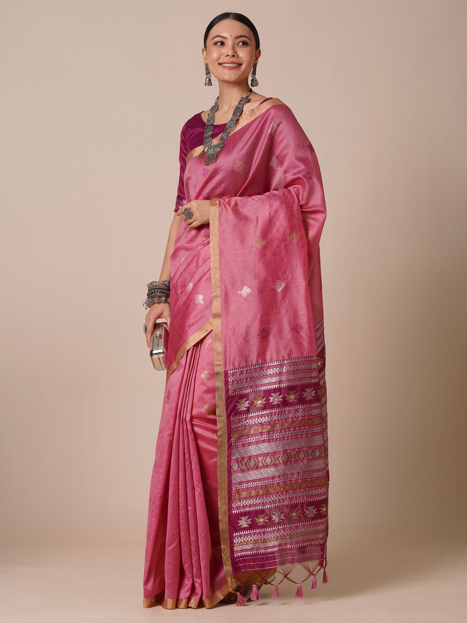 Pink Handwoven Silk Saree with Tribal Woven Pallu - Ressa