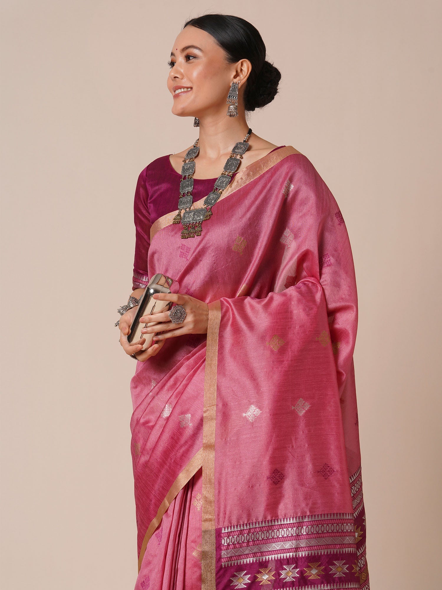 Pink Handwoven Silk Saree with Tribal Woven Pallu - Ressa