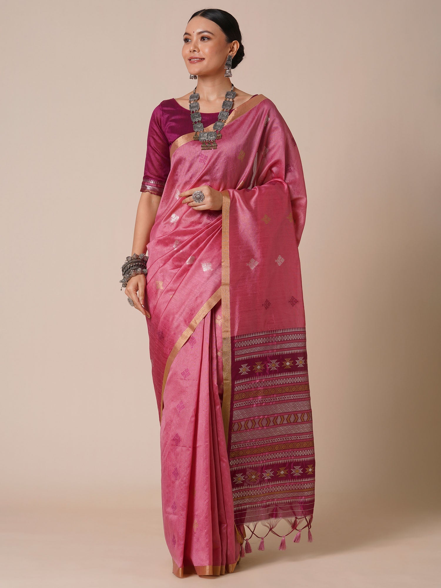 Pink Handwoven Silk Saree with Tribal Woven Pallu - Ressa
