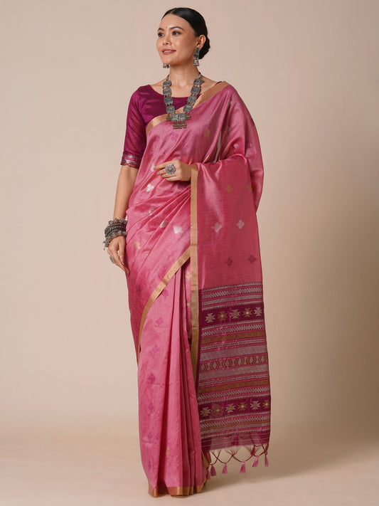 Pink Handwoven Silk Saree with Tribal Woven Pallu - Ressa