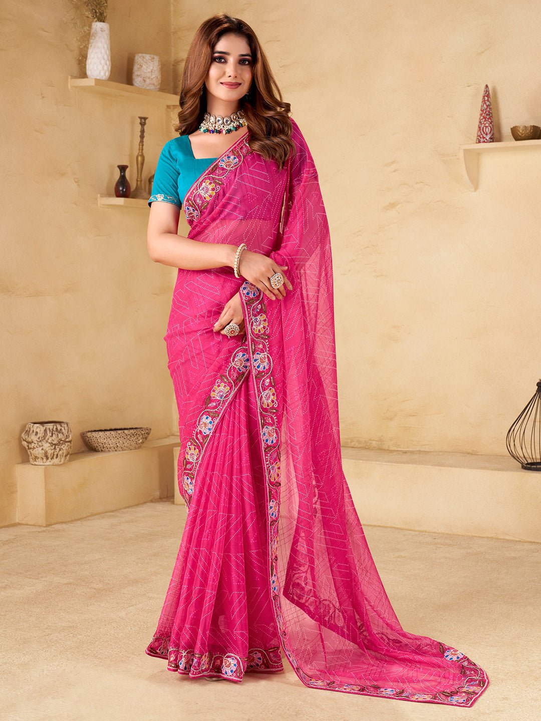 Pink Heritage Animal Motif Embroidered Border Saree - Ressa