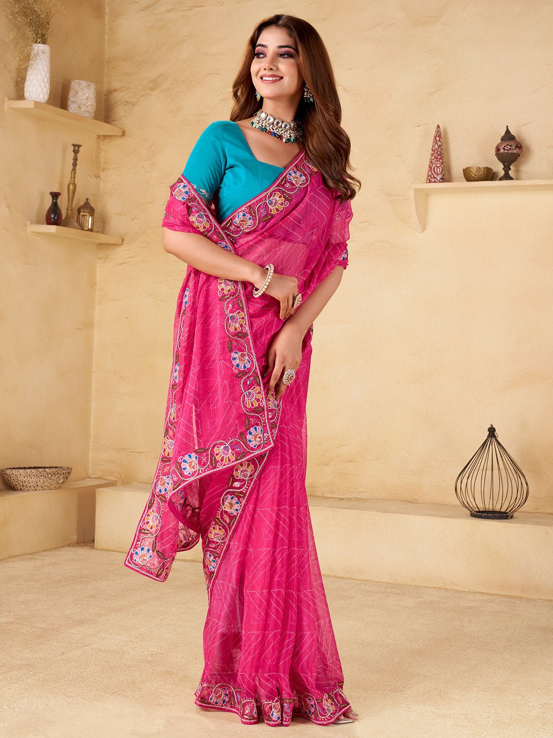 Pink Heritage Animal Motif Embroidered Border Saree - Ressa