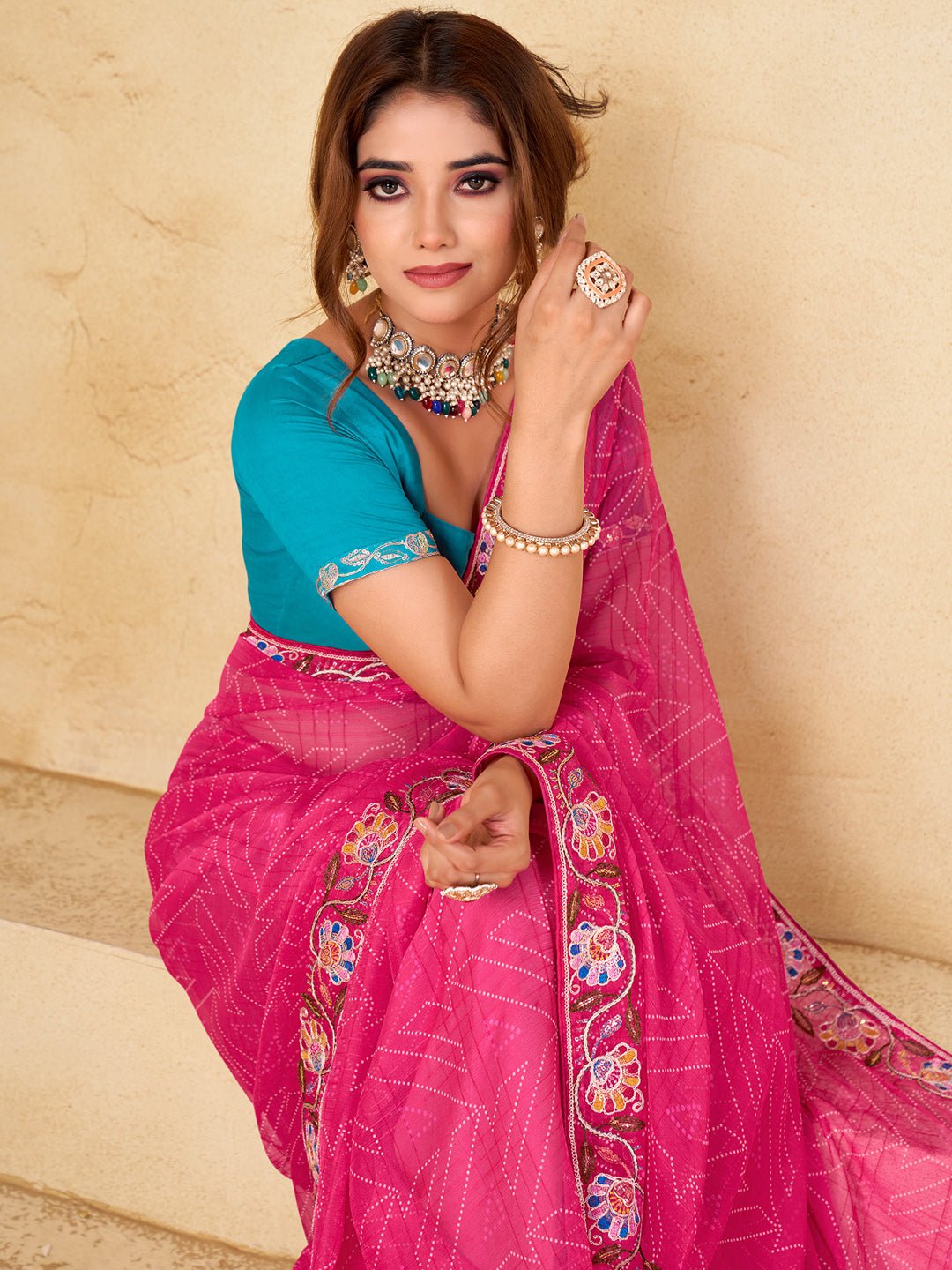 Pink Heritage Animal Motif Embroidered Border Saree - Ressa