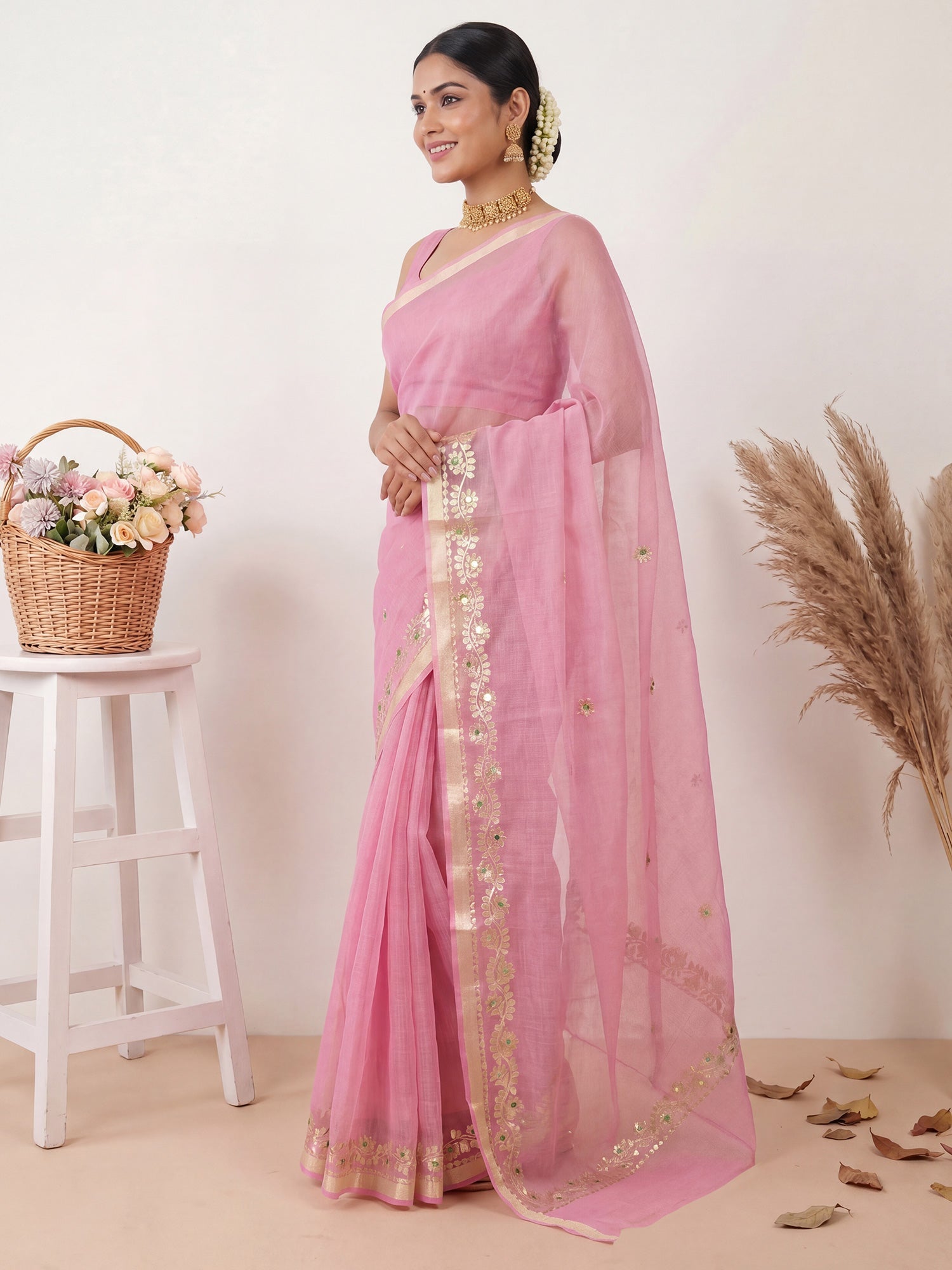 Pink Kota Doria Cotton Saree with Gota Patti Border - Ressa
