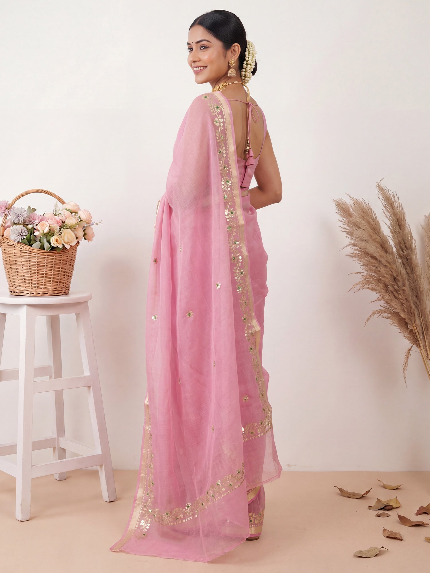 Pink Kota Doria Cotton Saree with Gota Patti Border - Ressa