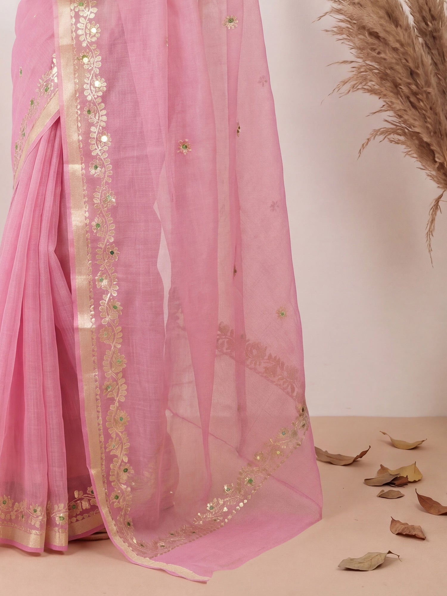 Pink Kota Doria Cotton Saree with Gota Patti Border - Ressa