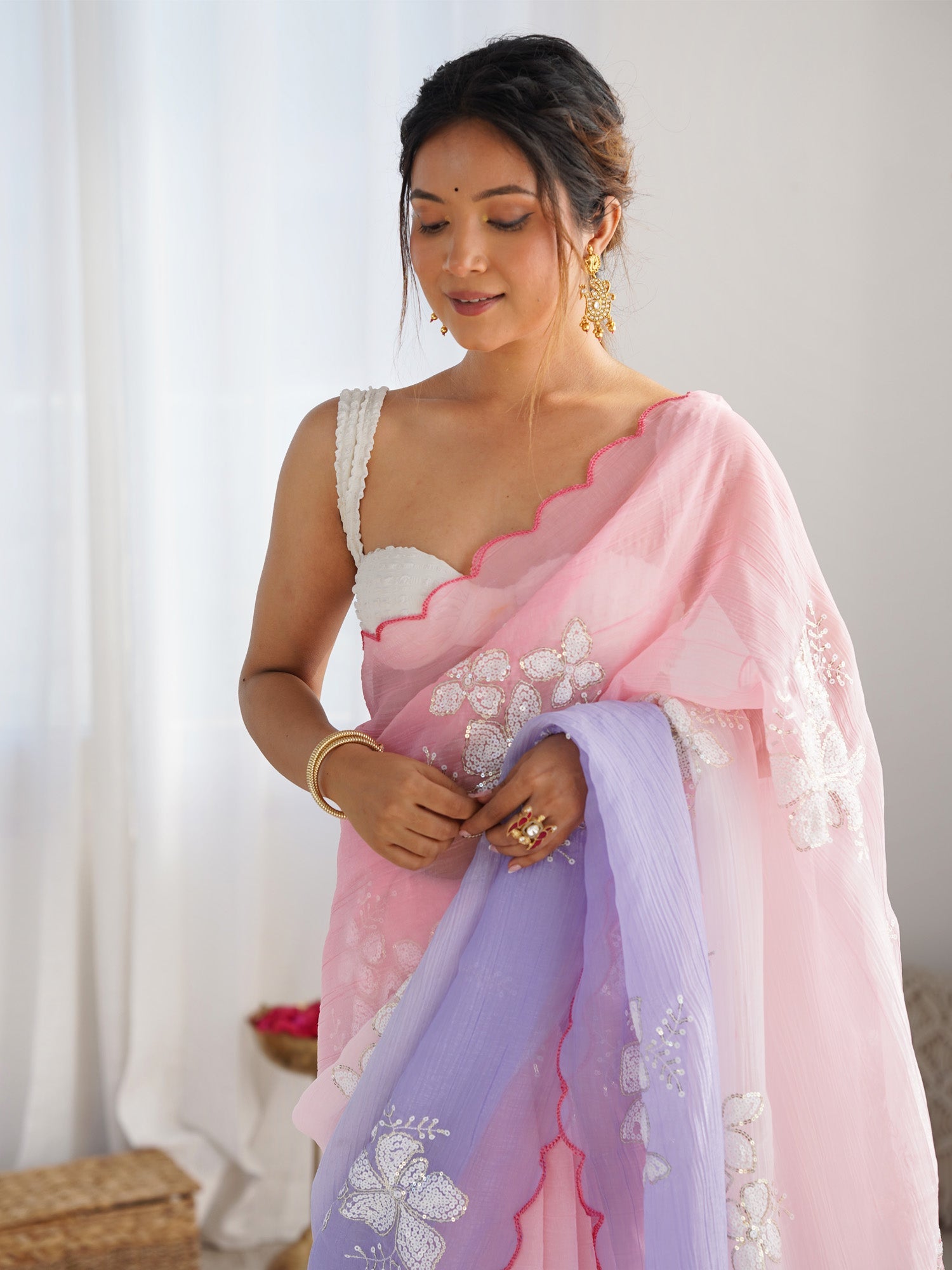 Pink Lavender Ombre Chiffon Saree - Ressa